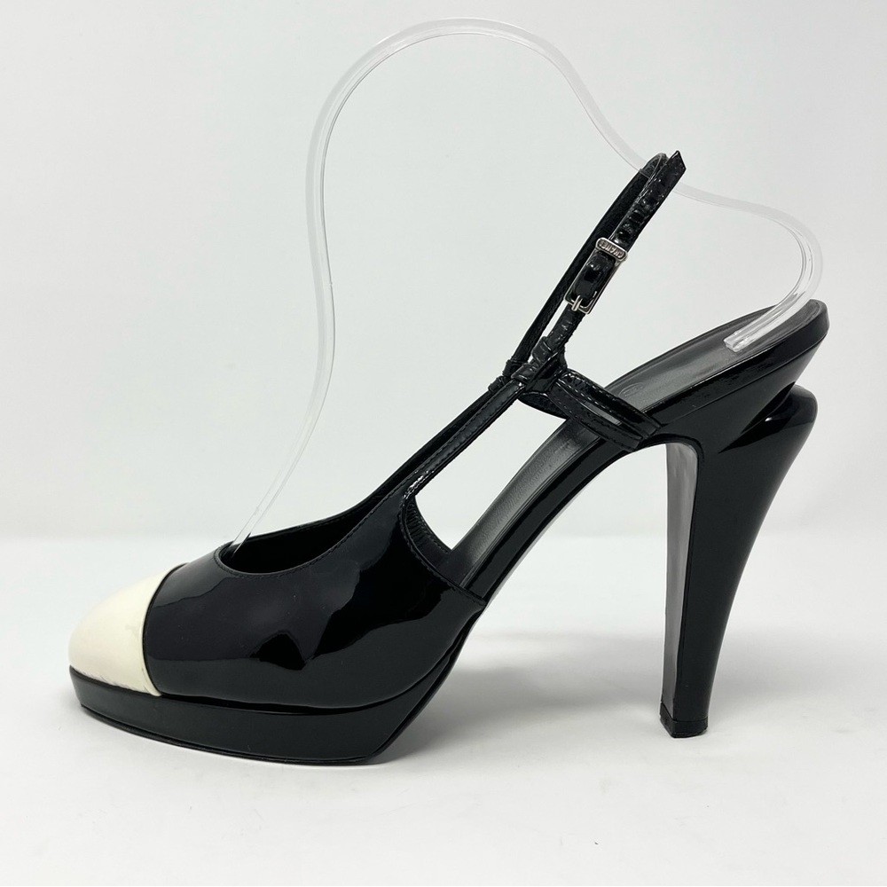Chanel Black White Patent Leather Cap Toe Two Tone Slingback Heels Pumps 41 11 - Picture 11 of 11